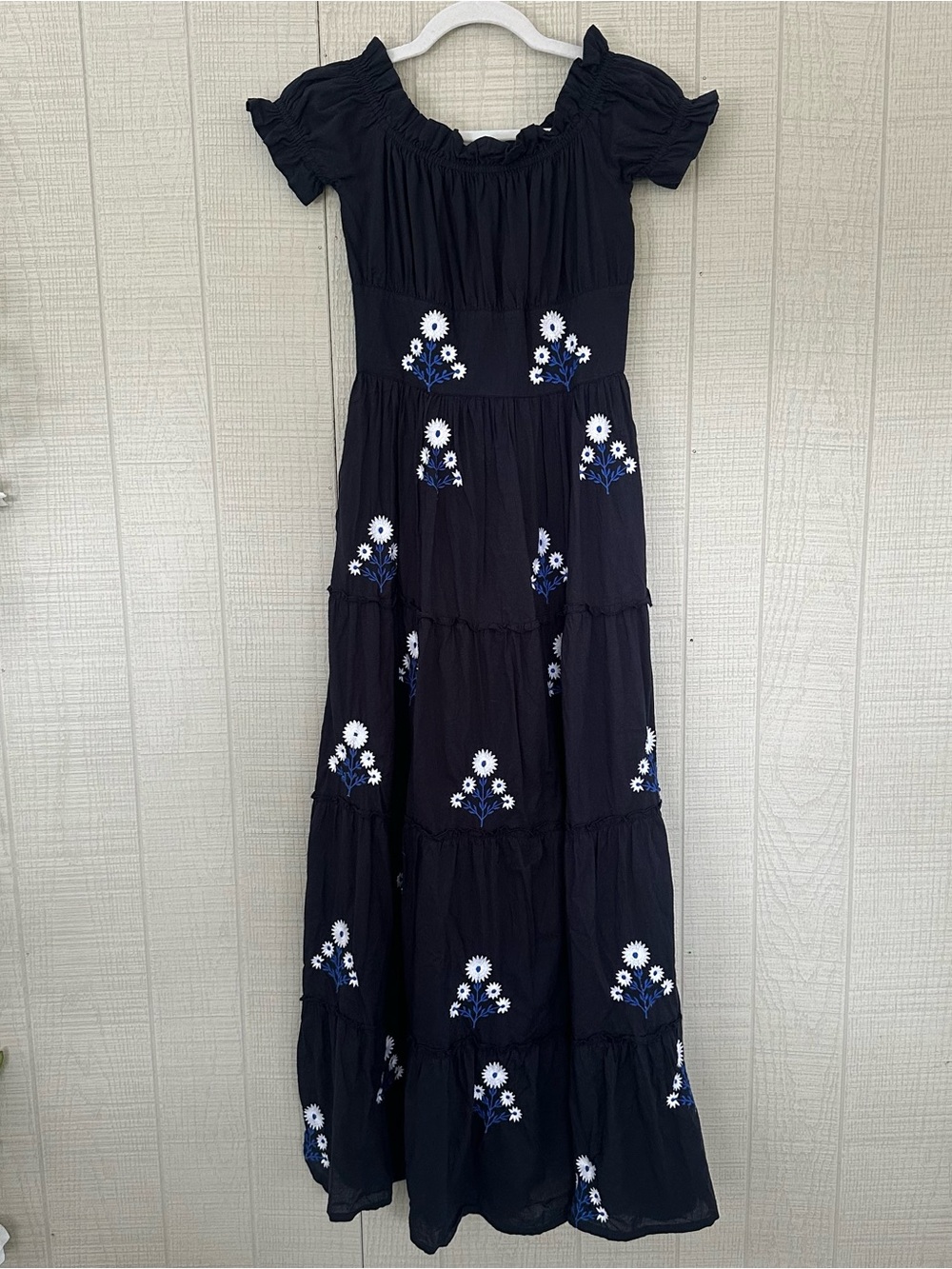 Madison Matthews Navy floral Maxi tiered long Dress short puff sleeves size XS